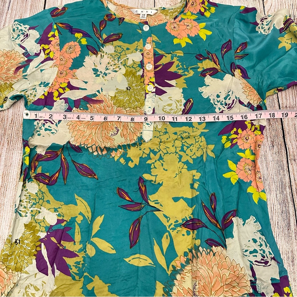 CAbi Floral 100% Silk Tunic Top Size XS Colorful Resort Travel Beach Teal Boho - Picture 5 of 10